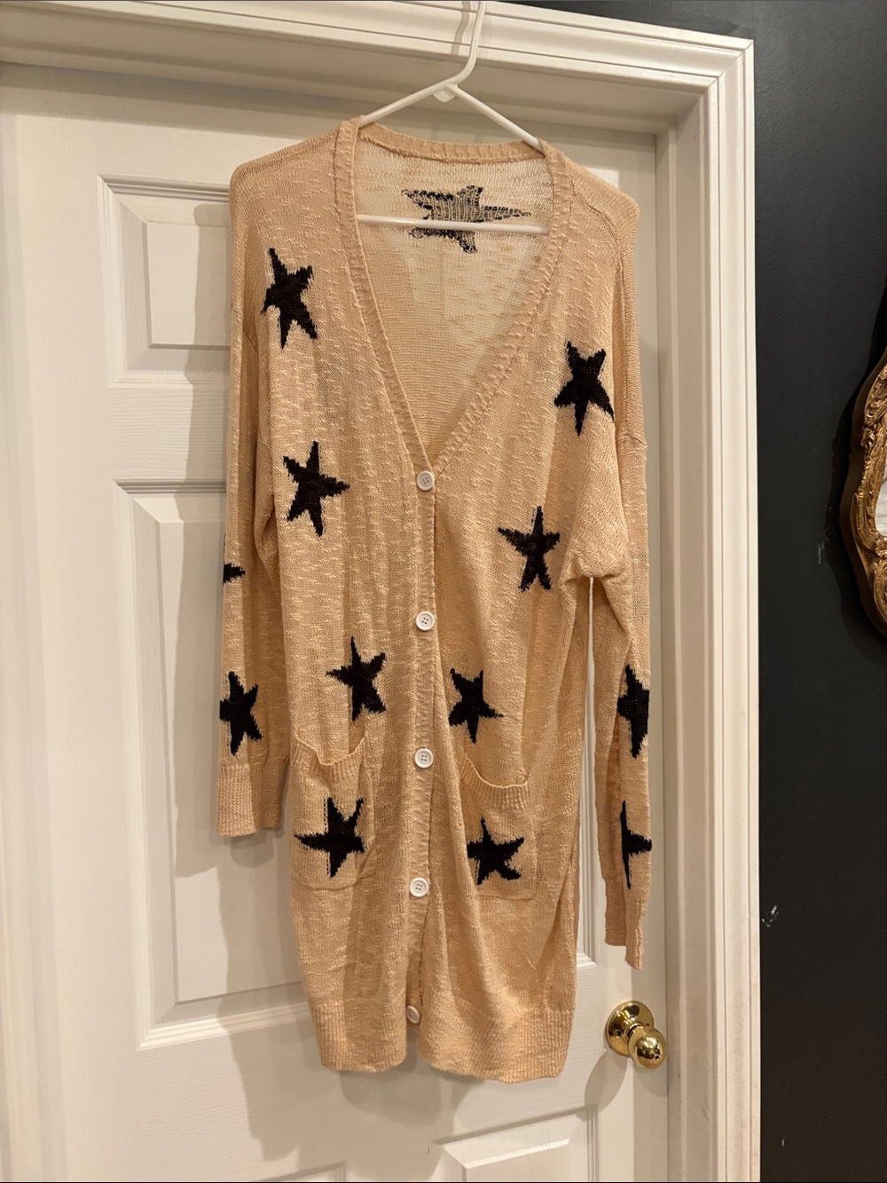 Beige Star-Print Button Cardigan Sweater